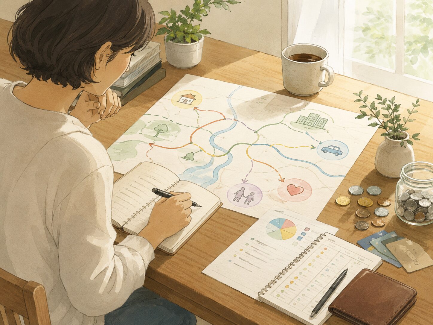 机の上でノートや地図を見ながら、お金の流れと人生の選択肢を整理している人物
