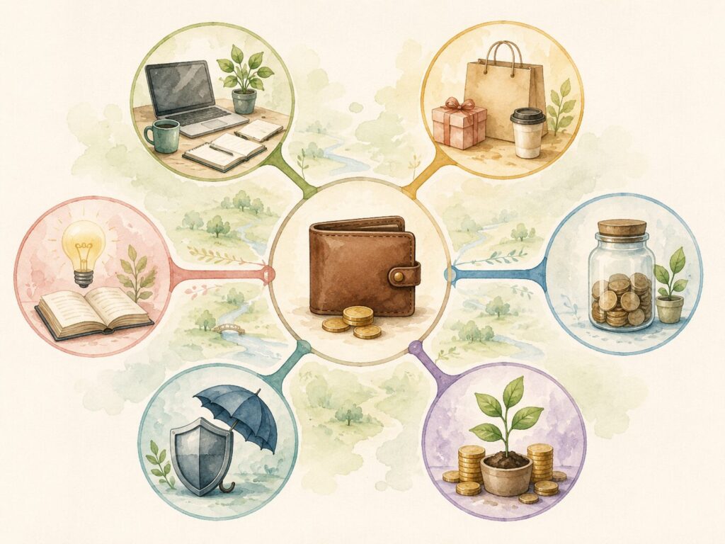 財布を中心に、稼ぐ、使う、貯める、増やす、守る、知るというお金の6つの領域が広がるイメージ