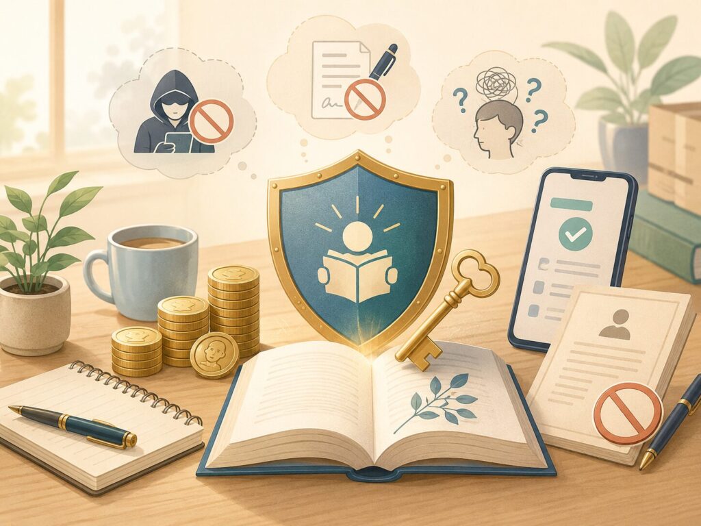 本、盾、鍵、スマホ、契約書を通じて、知識でお金を守ることを表したイメージ