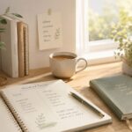 朝の光が入る机で、ノートを開きながら支出やお金の流れを静かに見直している様子