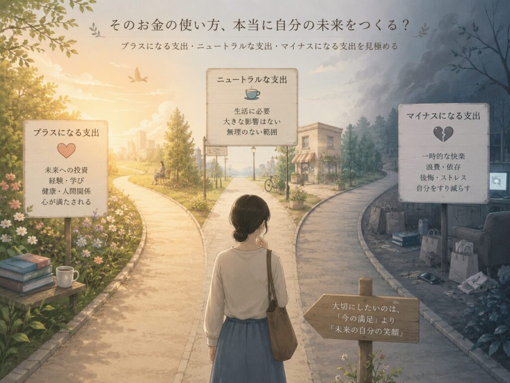 人物が分かれ道の前に立ち、プラスになる支出、中立の支出、マイナスになる支出を見極めているイメージ