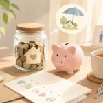 貯金箱やコインの入った瓶、鍵、家計メモを通じて、生活防衛資金が暮らしと選択肢を守ることを表したイメージ