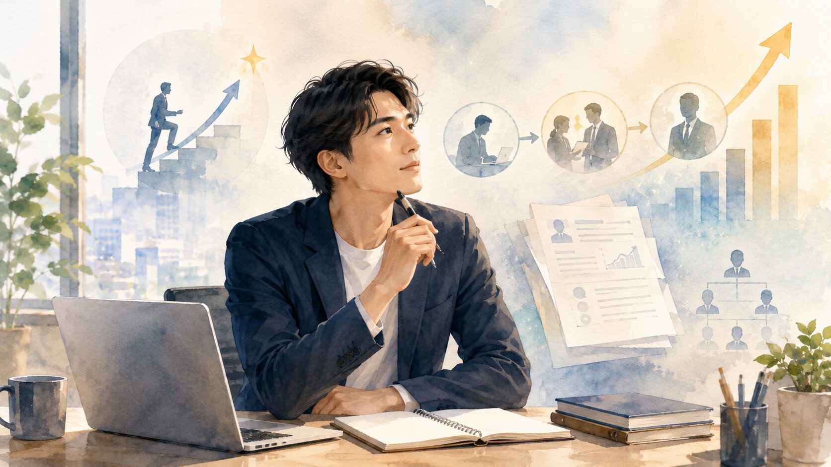 本業で収入を上げるために、努力が評価や昇格、給与につながる仕組みを考えている人物