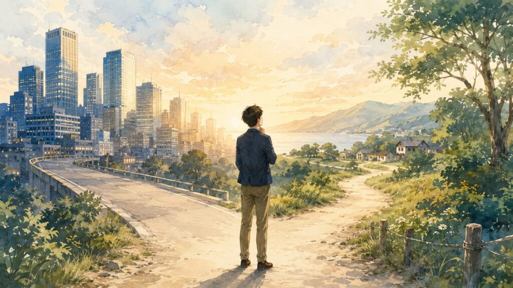 都市の道と自然の道の分かれ道で、収入や働き方だけでなく自分らしい人生の方向を考えている人物