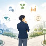 転職すべきか迷ったときに、収入・成長・健康・価値観など複数の要素から進む道を考える人のイラスト