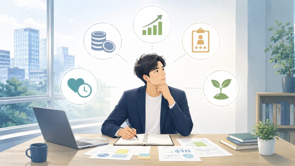 転職先を考えるために、収入・成長・評価・健康時間・価値観の5つの構造を整理する人のイラスト
