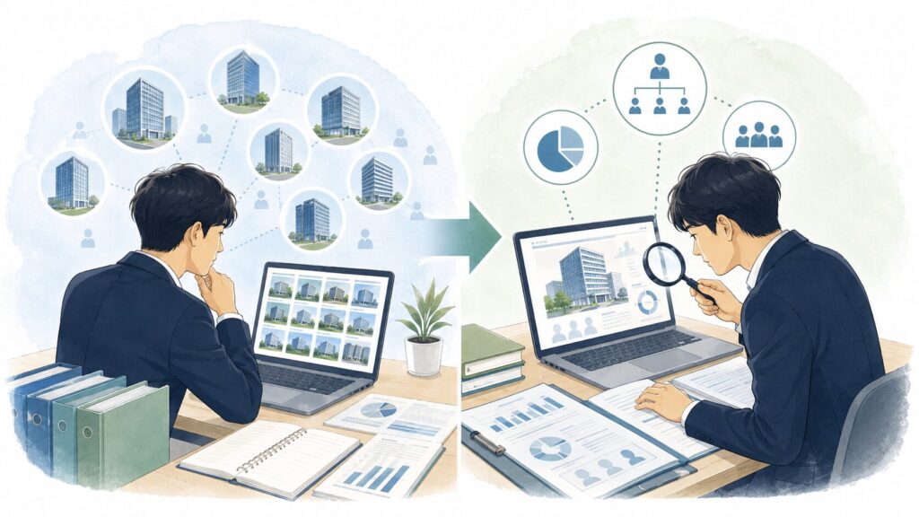 転職候補の企業を広く探したあと、公開情報やデータをもとに会社の構造を詳しく調べる人のイラスト