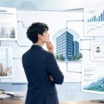 転職先の会社を見極めるために、求人票、社員インタビュー、決算資料、口コミなど複数の公開情報をもとに会社の構造を分析する人のイラスト