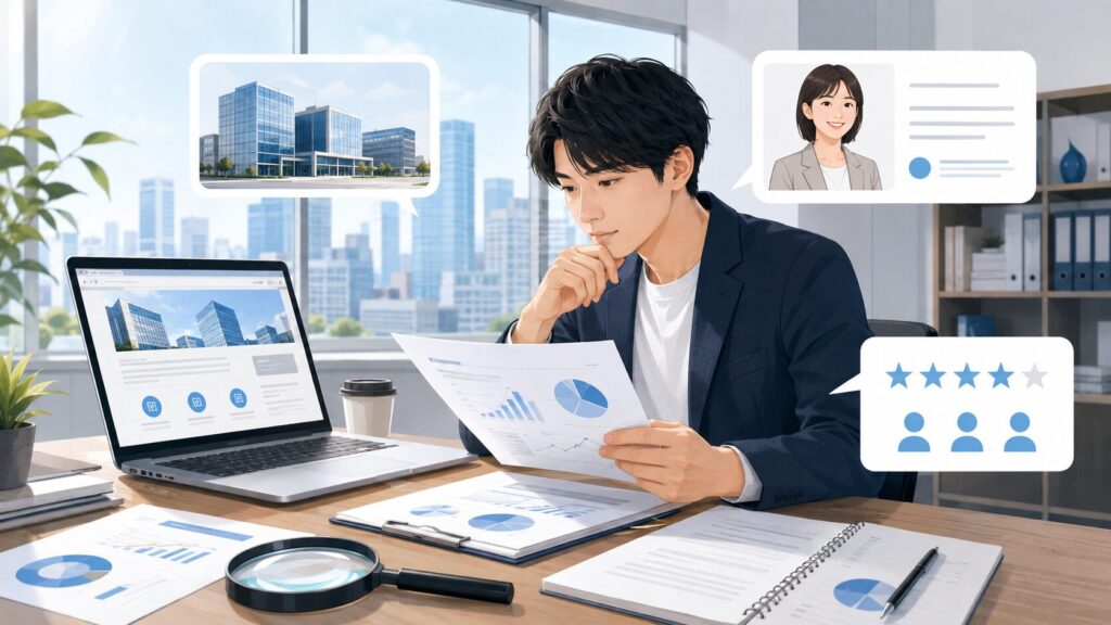 転職候補の会社について、決算資料や口コミ、社員情報、公開データを見ながら調べる人のイラスト