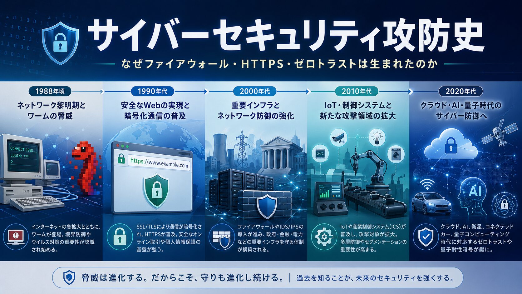 サイバーセキュリティ攻防史を時代ごとに整理したアイキャッチ画像。1980年代のワーム、1990年代のHTTPS、2000年代の重要インフラ防御、2010年代のIoTと制御システム、2020年代のクラウド・AI・量子時代までの流れを示している