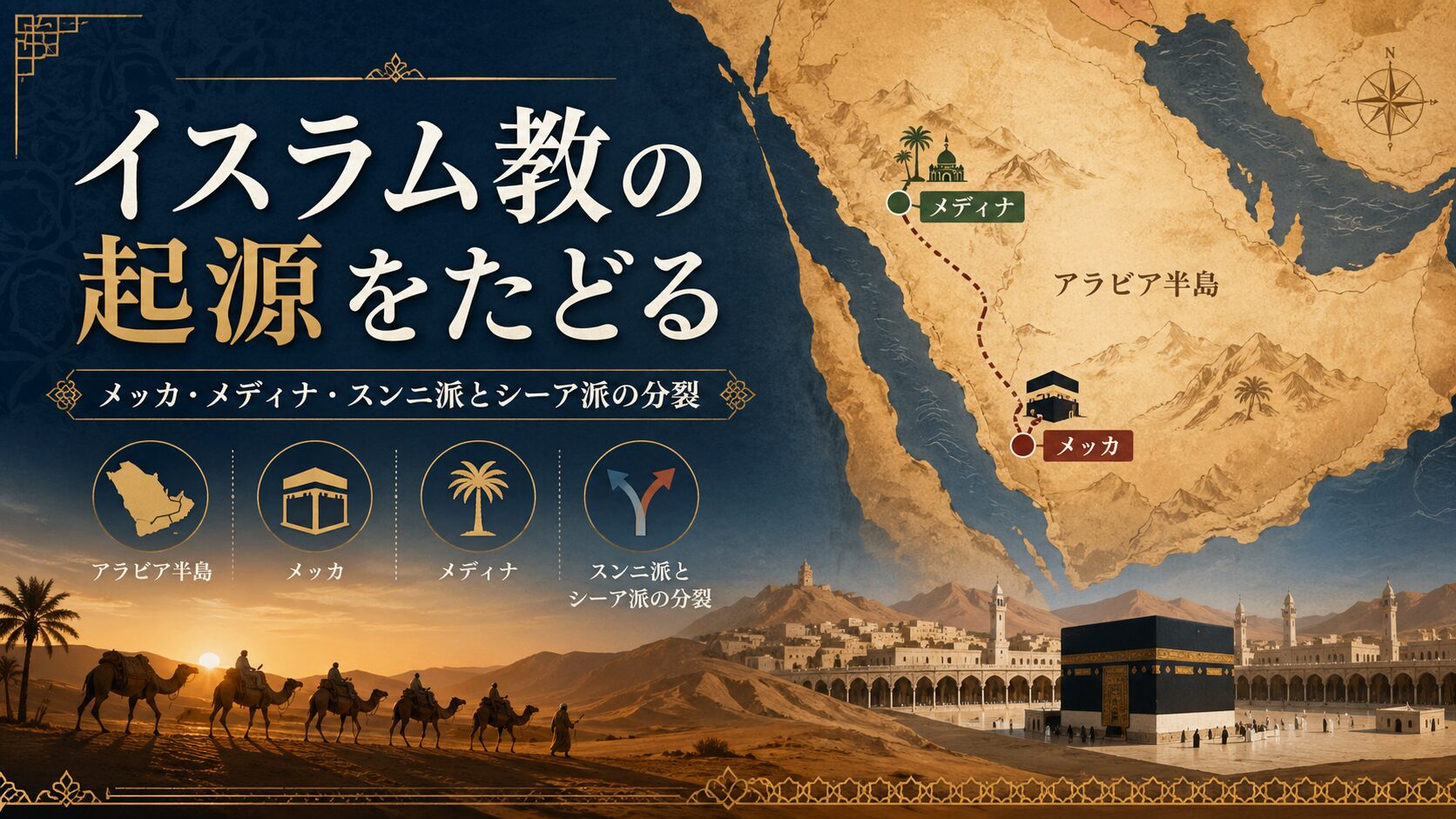 イスラム教の起源をたどるアイキャッチ画像。アラビア半島の地図、メッカ、メディナ、砂漠の隊商、カアバ、スンニ派とシーア派の分裂を通じて、イスラム教の成立と歴史的背景を表している