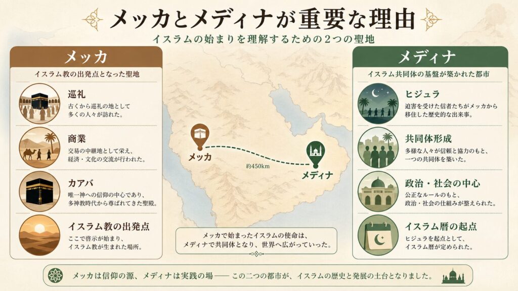 メッカとメディナがイスラム教にとって重要な理由を示す図。メッカは巡礼、商業、カアバ、イスラム教の出発点として、メディナはヒジュラ、共同体形成、政治と社会の中心、イスラム暦の起点として整理されている
