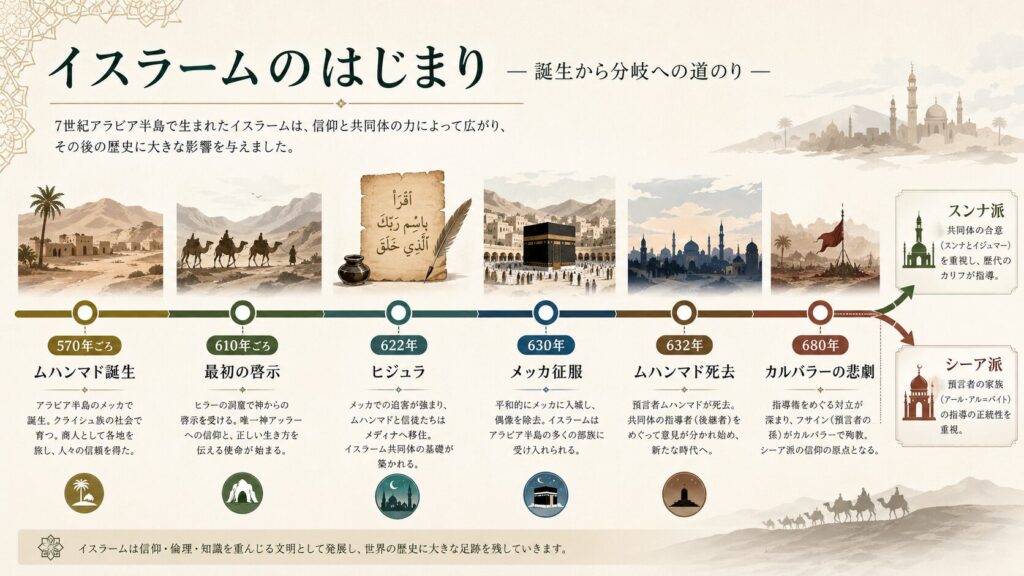 イスラム教のはじまりを年表で示した図。570年ごろのムハンマド誕生、610年ごろの最初の啓示、622年のヒジュラ、630年のメッカ征服、632年のムハンマド死去、680年のカルバラーの悲劇までの流れを整理している