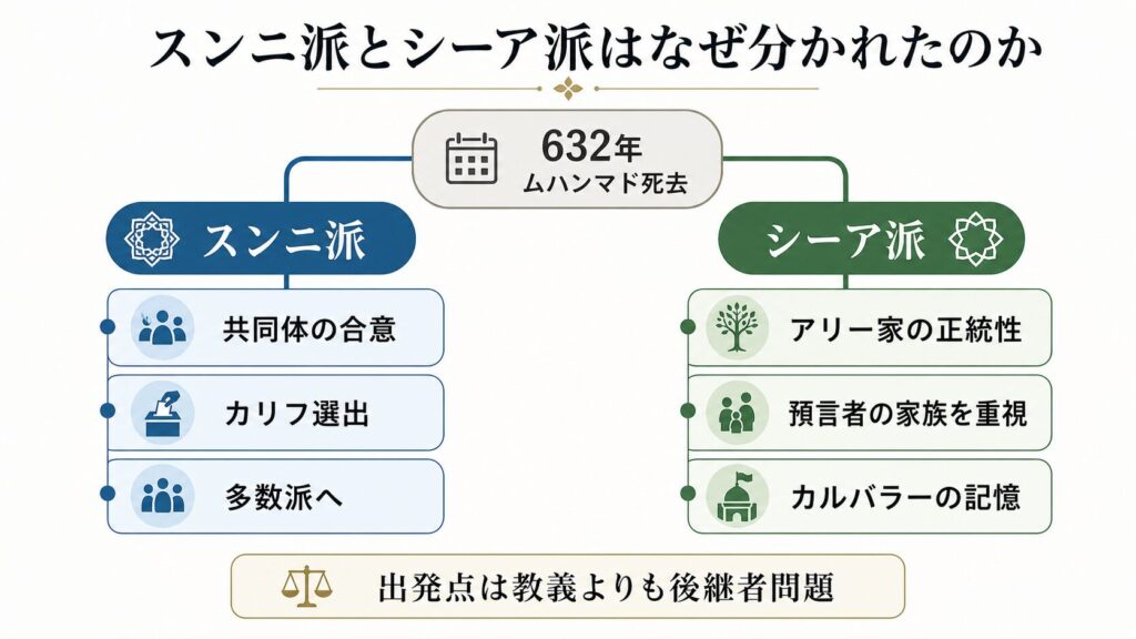 スンニ派とシーア派がなぜ分かれたのかを説明する図。632年のムハンマド死去を起点に、スンニ派は共同体の合意とカリフ選出を重視し、シーア派はアリー家の正統性、預言者の家族、カルバラーの記憶を重視する流れを整理している