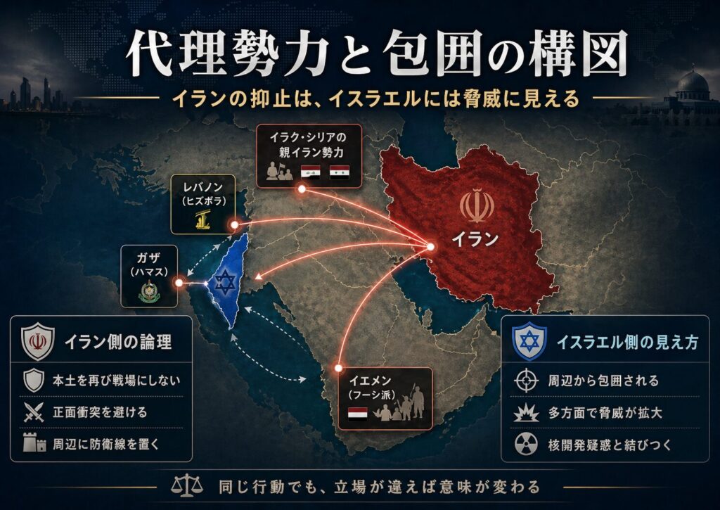 イランの代理勢力とイスラエル側から見た包囲の構図を示す画像。レバノンのヒズボラ、ガザのハマス、イエメンのフーシ派、イラクとシリアの親イラン勢力が、イランの抑止戦略とイスラエルの脅威認識にどう関わるかを表している