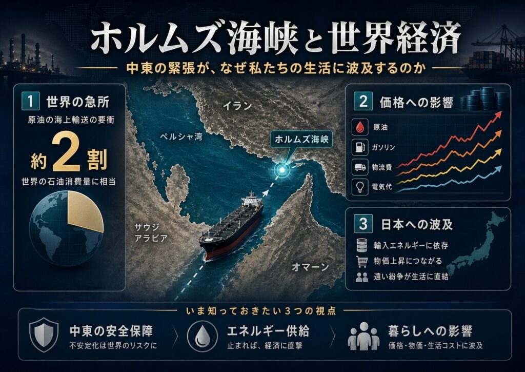 ホルムズ海峡と世界経済の関係を示す画像。世界の石油消費量の約2割に相当する原油が通る急所として、原油価格、ガソリン代、物流費、電気代、日本への影響までを整理している