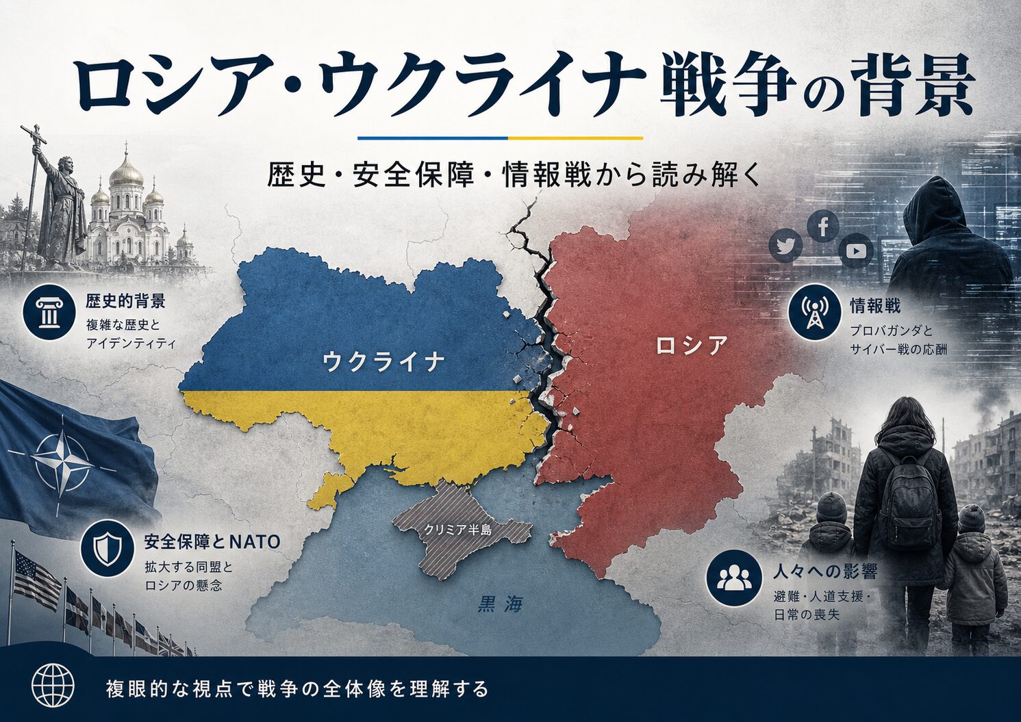 ロシア・ウクライナ戦争の背景を示すアイキャッチ画像。ウクライナとロシアの地図、NATO、安全保障、歴史的背景、情報戦、避難する人々を通じて、戦争を多角的に理解する構図を表している