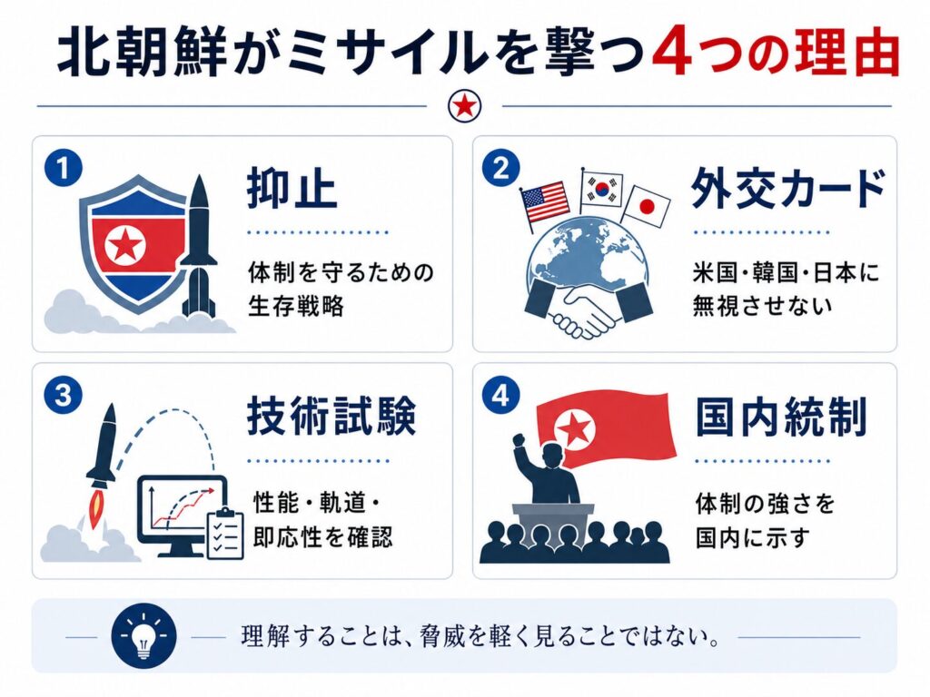 北朝鮮がミサイルを撃つ4つの理由を整理した図。抑止、外交カード、技術試験、国内統制という観点から、ミサイル発射の背景をわかりやすく示している