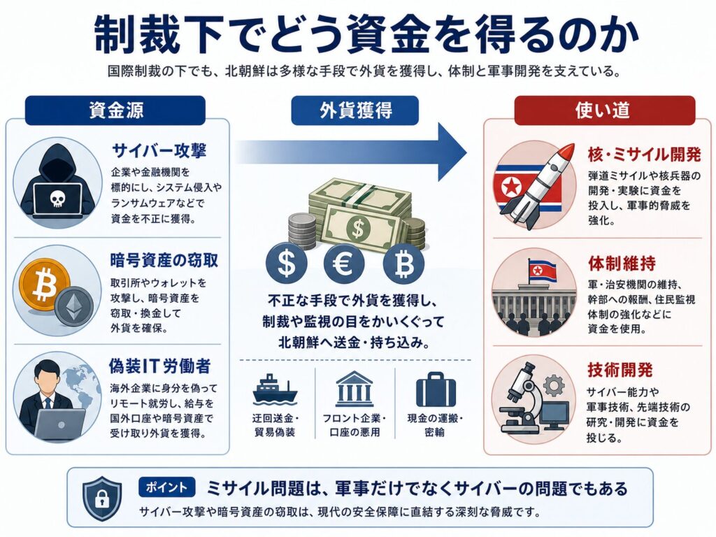 北朝鮮が制裁下でどう資金を得るのかを示す図。サイバー攻撃、暗号資産の窃取、偽装IT労働者、迂回送金や貿易偽装を通じて外貨を獲得し、核・ミサイル開発や体制維持に使われる構造を整理している