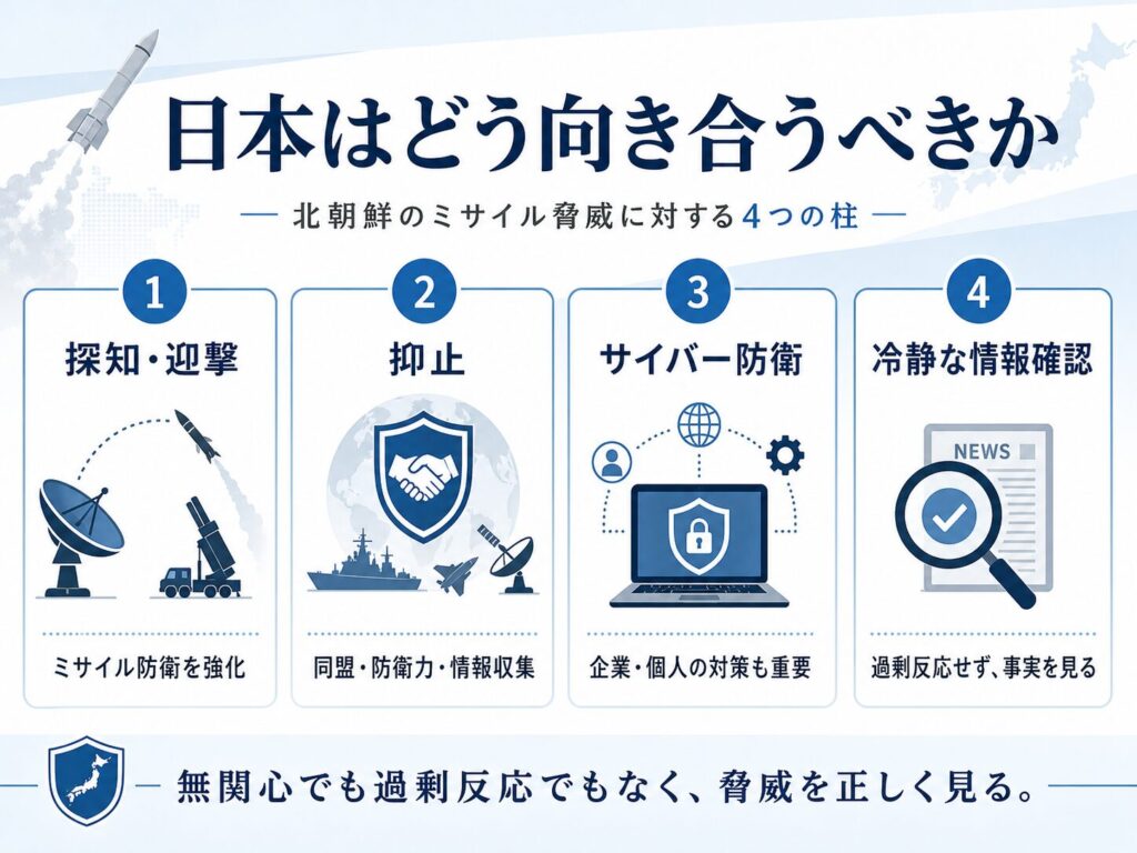 北朝鮮のミサイル脅威に対して日本がどう向き合うべきかを示す図。探知と迎撃、抑止、サイバー防衛、冷静な情報確認という4つの柱を整理している