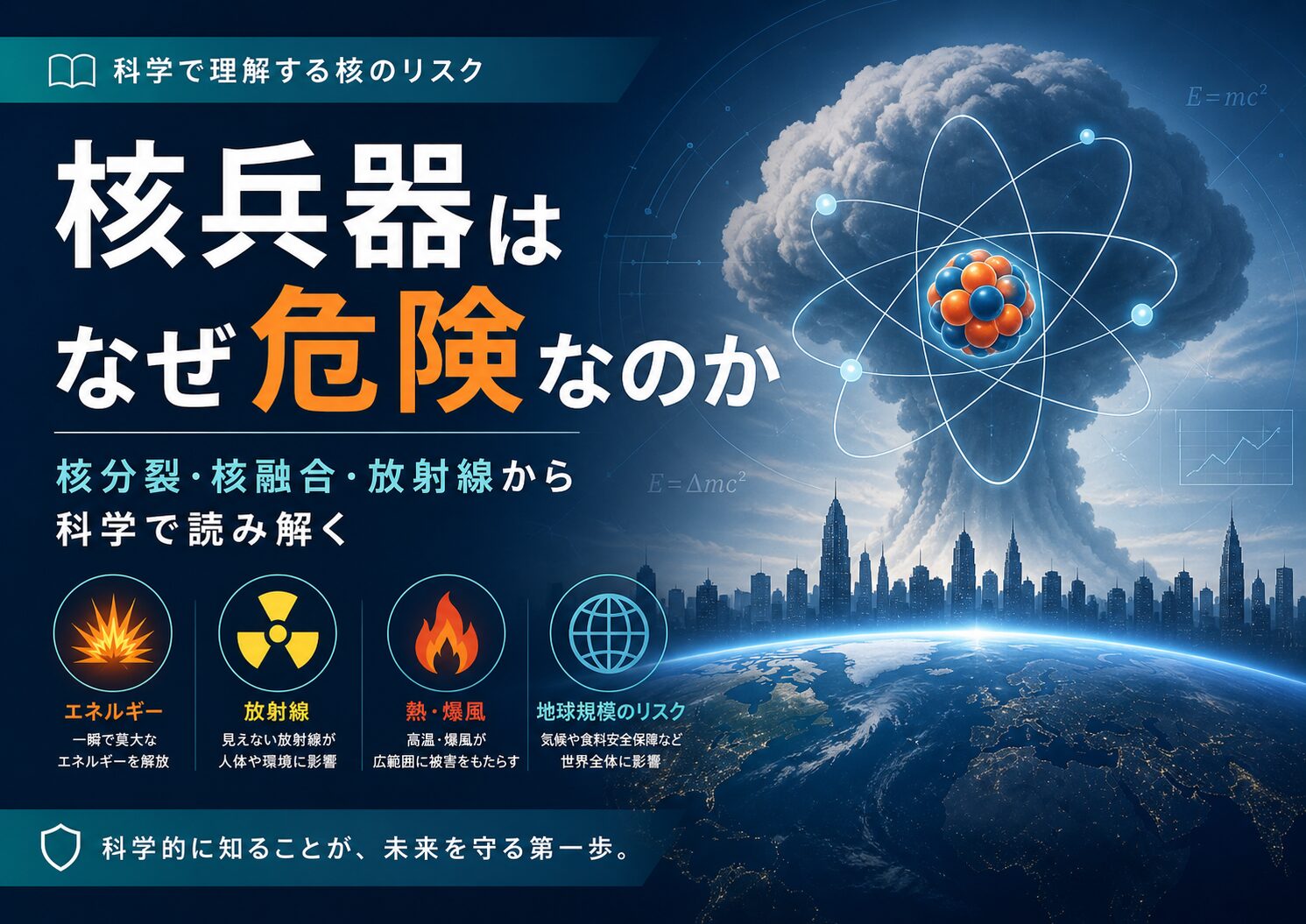 核兵器はなぜ危険なのかを科学的に示すアイキャッチ画像。原子核、きのこ雲、E=mc²、爆風、熱線、放射線、地球規模のリスクを通じて、核分裂・核融合・放射線の危険性を表している