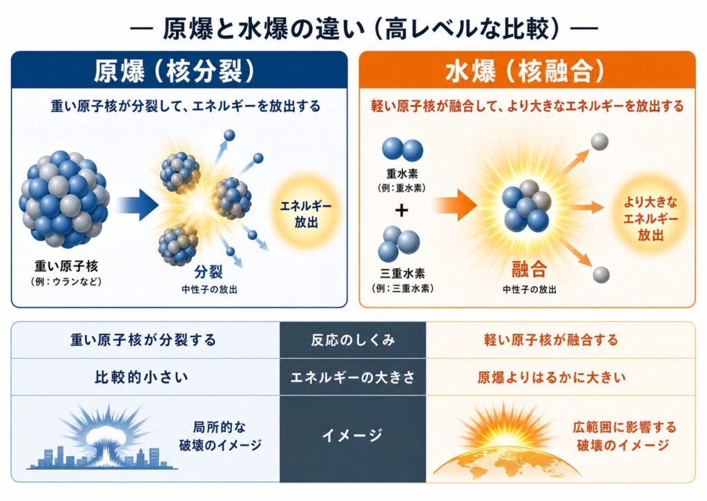 原爆と水爆の違いを比較した図。原爆は重い原子核が分裂してエネルギーを放出する核分裂を利用し、水爆は軽い原子核が融合してより大きなエネルギーを放出する核融合を利用することを示している