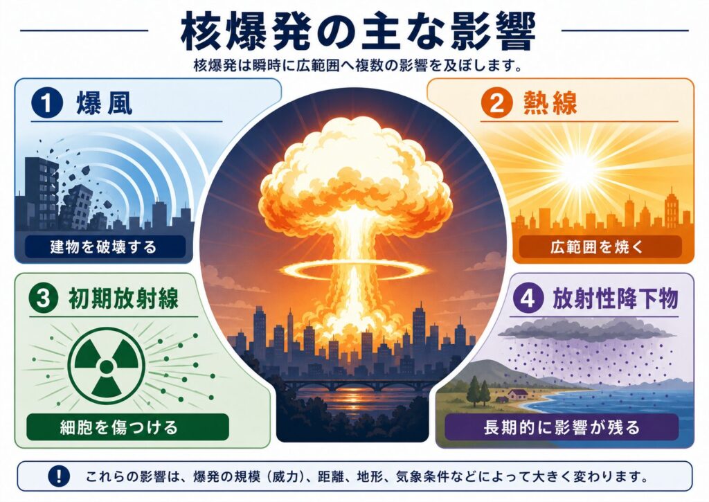 核爆発の主な影響を示す図。爆風、熱線、初期放射線、放射性降下物の4つを中心に、建物の破壊、広範囲の火災、細胞への損傷、長期的な放射能被害を整理している