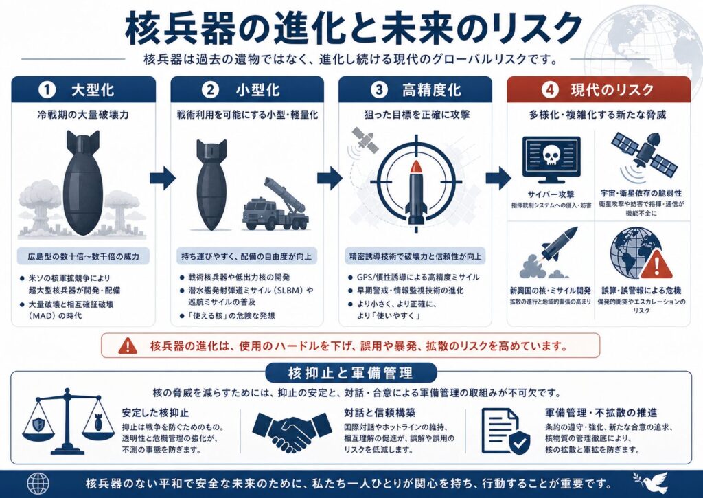 核兵器の進化と未来のリスクを示す図。大型化、小型化、高精度化、現代のリスクを通じて、核兵器が過去の遺物ではなく、サイバー攻撃、宇宙・衛星依存、新興国の核開発、誤算や誤報による危機と結びつく現代的な脅威であることを示している