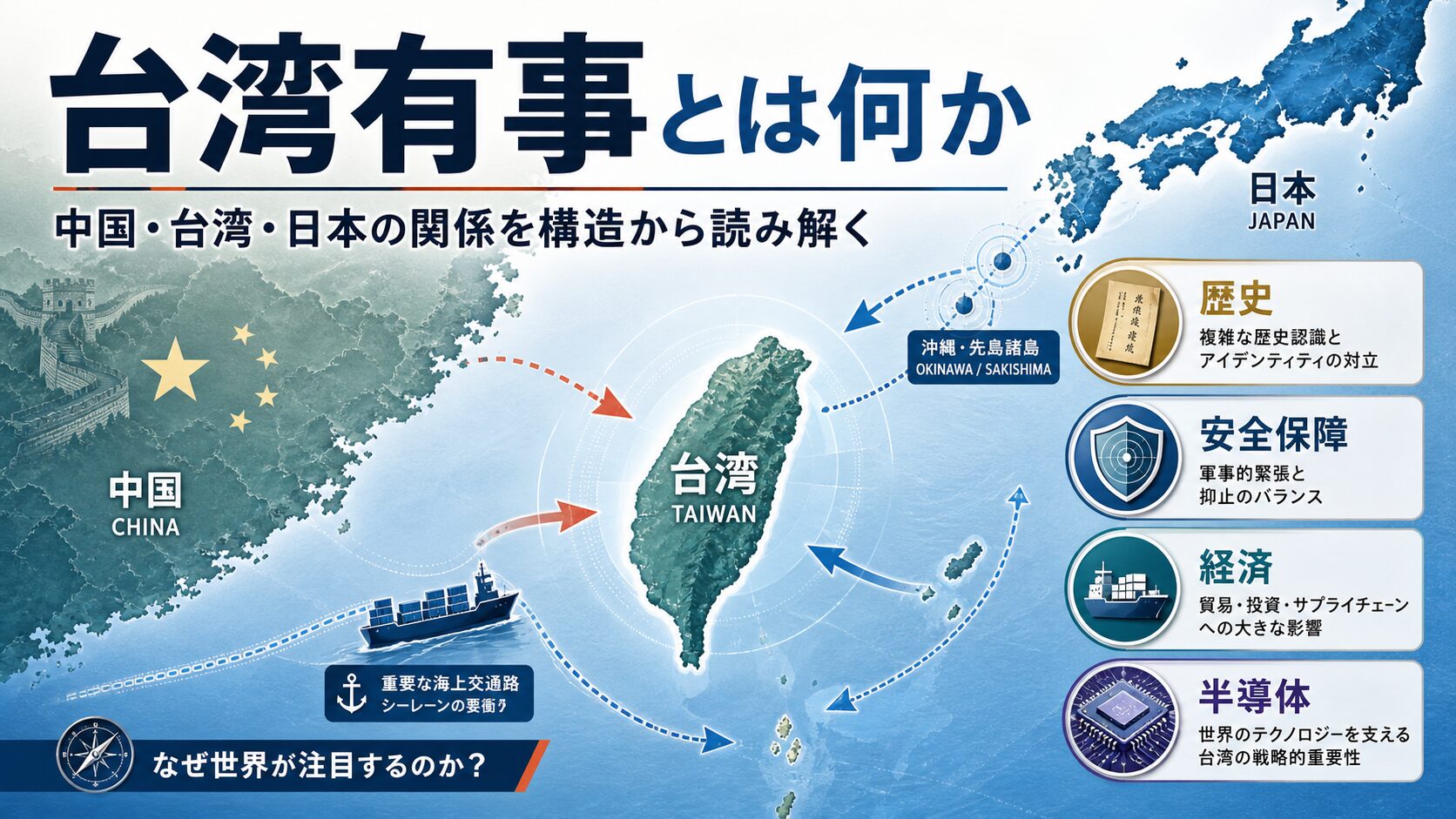 台湾有事とは何かを示すアイキャッチ画像。中国、台湾、日本の地図を背景に、歴史、安全保障、経済、半導体、シーレーンなど、台湾をめぐる複雑な構造を表している