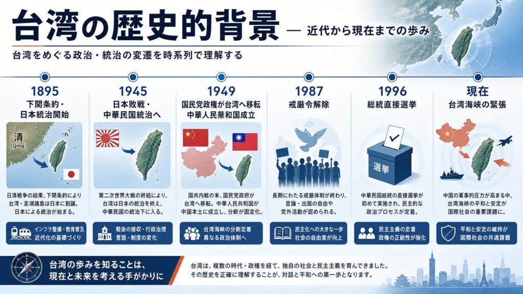 台湾の歴史的背景を示す年表画像。1895年の下関条約と日本統治開始、1945年の日本敗戦と中華民国統治、1949年の国共内戦後の分断、1987年の戒厳令解除、1996年の総統直接選挙、現在の台湾海峡の緊張までを整理している