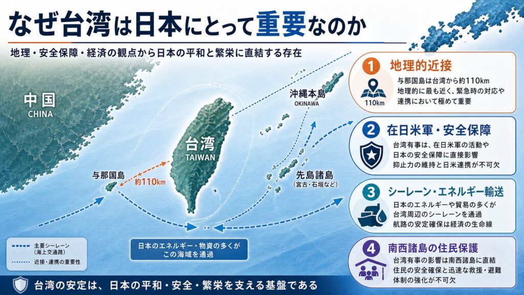 台湾が日本にとって重要な理由を示す画像。台湾と与那国島の約110kmという地理的近接、在日米軍と安全保障、シーレーンとエネルギー輸送、南西諸島の住民保護という観点から整理している