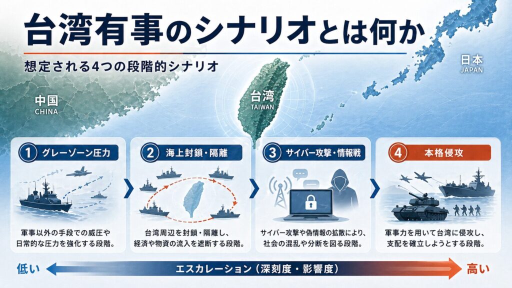 台湾有事の想定シナリオを示す図。グレーゾーン圧力、海上封鎖や隔離、サイバー攻撃と情報戦、本格侵攻という4つの段階を、エスカレーションの流れとして整理している