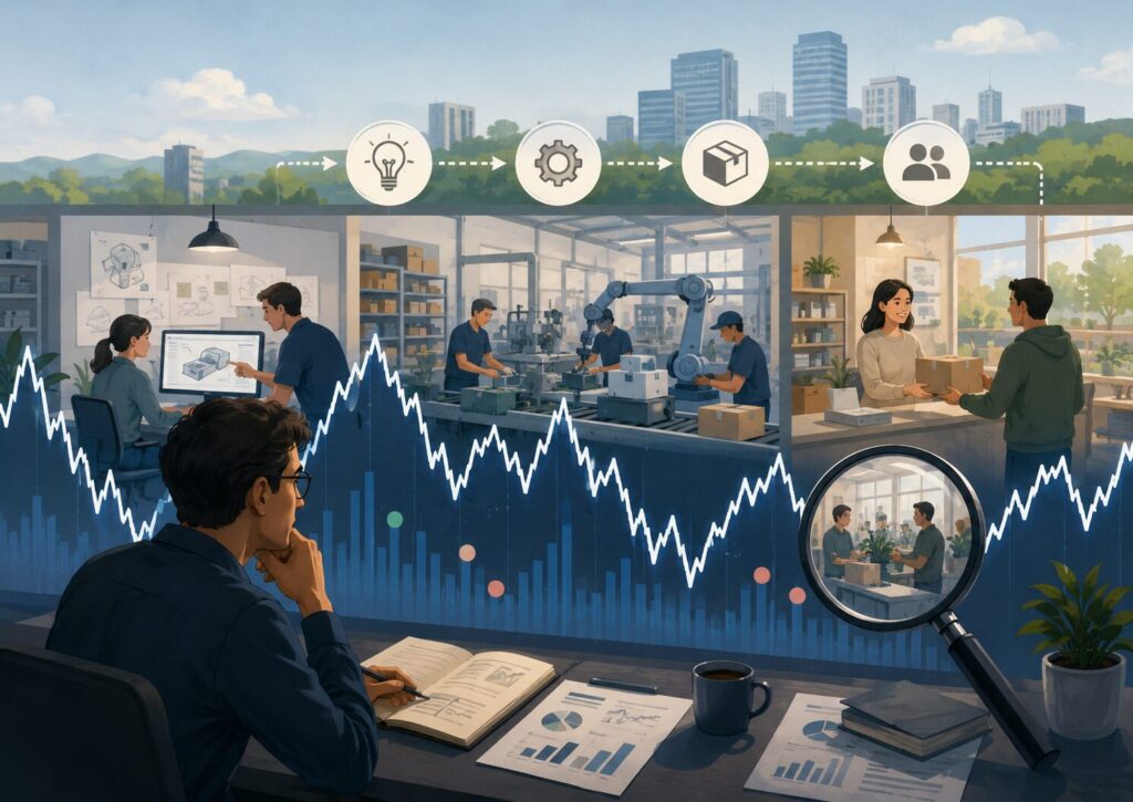 株価の値動きの奥にある会社の事業活動や価値創造を分析する様子を表したイラスト