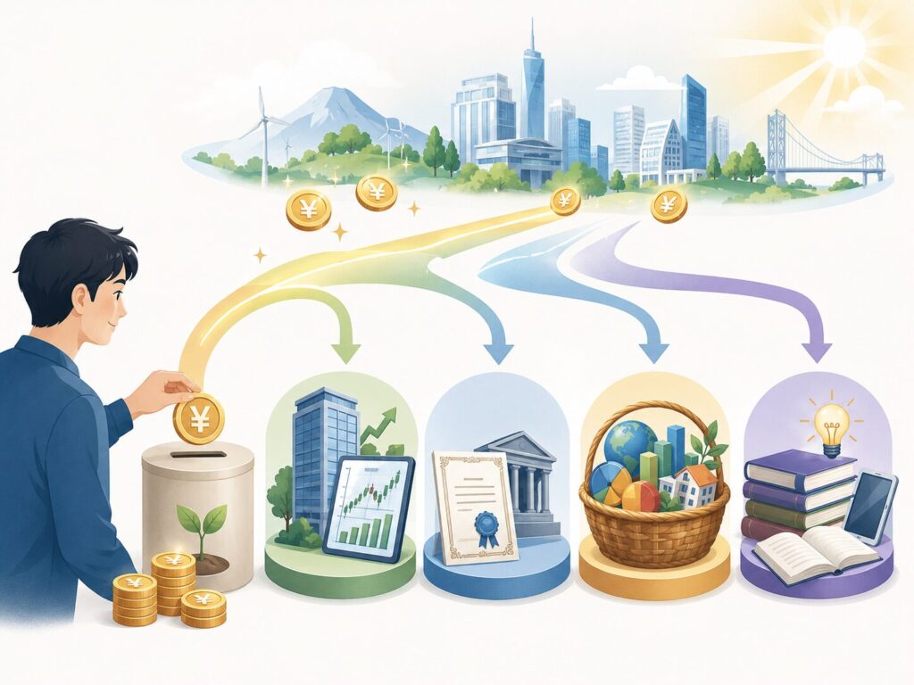 株式、債券、投資信託、自己投資など複数の投資先にお金を分けていく流れを示したイラスト