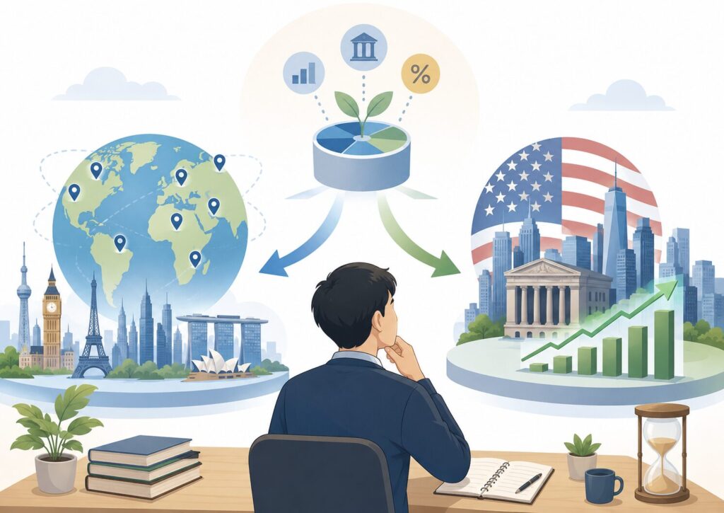 全世界株式に広く投資する考え方と米国の代表的な大型企業に投資する考え方の違いを比較するイラスト