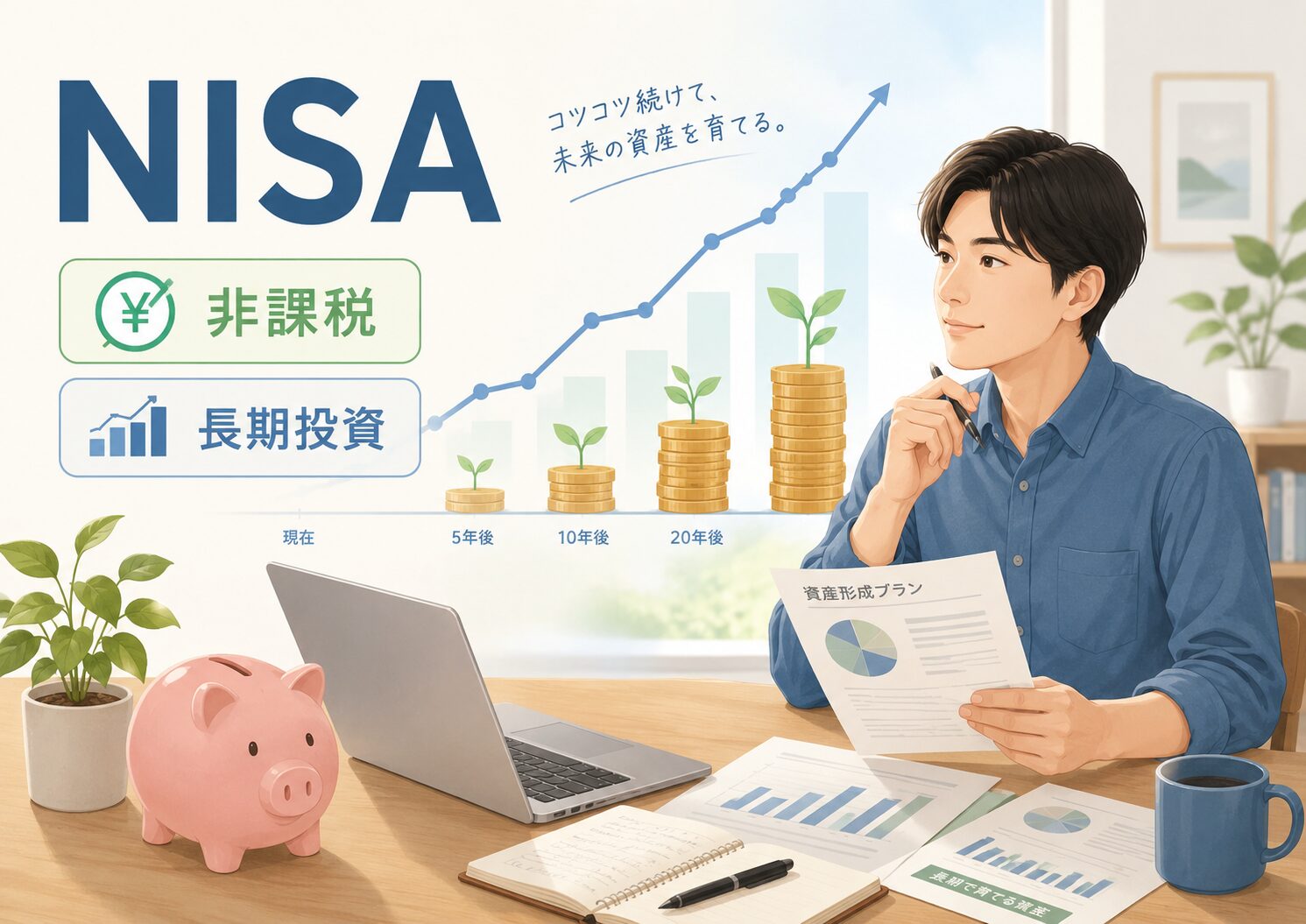NISAとは投資の利益を非課税にしながら長期的な資産形成を支える制度であることを示したイラスト