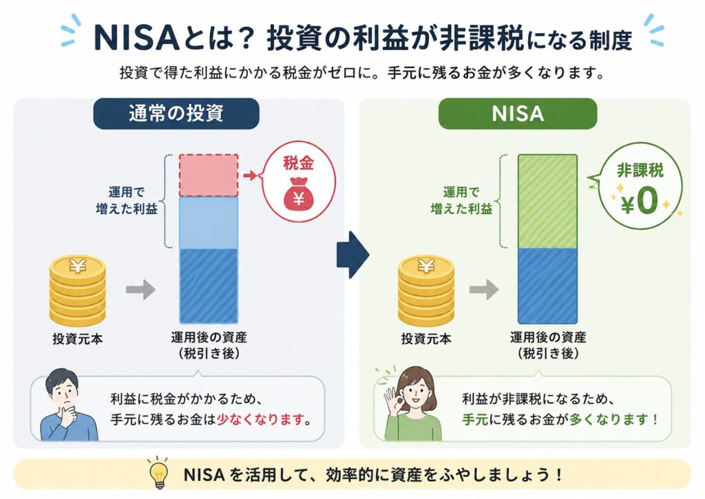 通常の投資では利益に税金がかかる一方でNISAでは投資利益が非課税になる仕組みを比較したイラスト