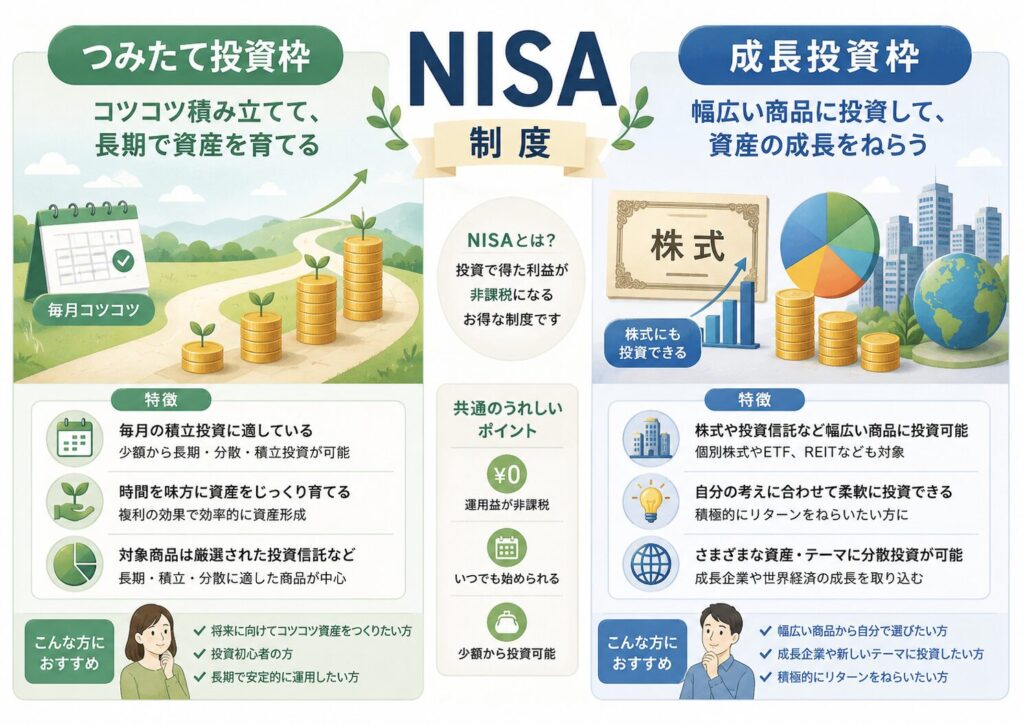 NISAのつみたて投資枠と成長投資枠の違いを比較し、それぞれの特徴を説明したイラスト
