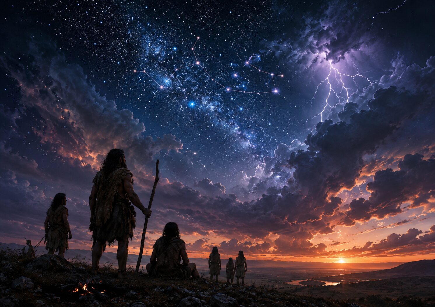 星空と雷を見上げながら、自然現象に意味を見出そうとする古代の人々