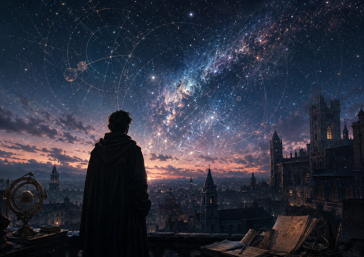 星空を見上げながら宇宙の真理を追い求める人物と、歴史的な街並みのイメージ