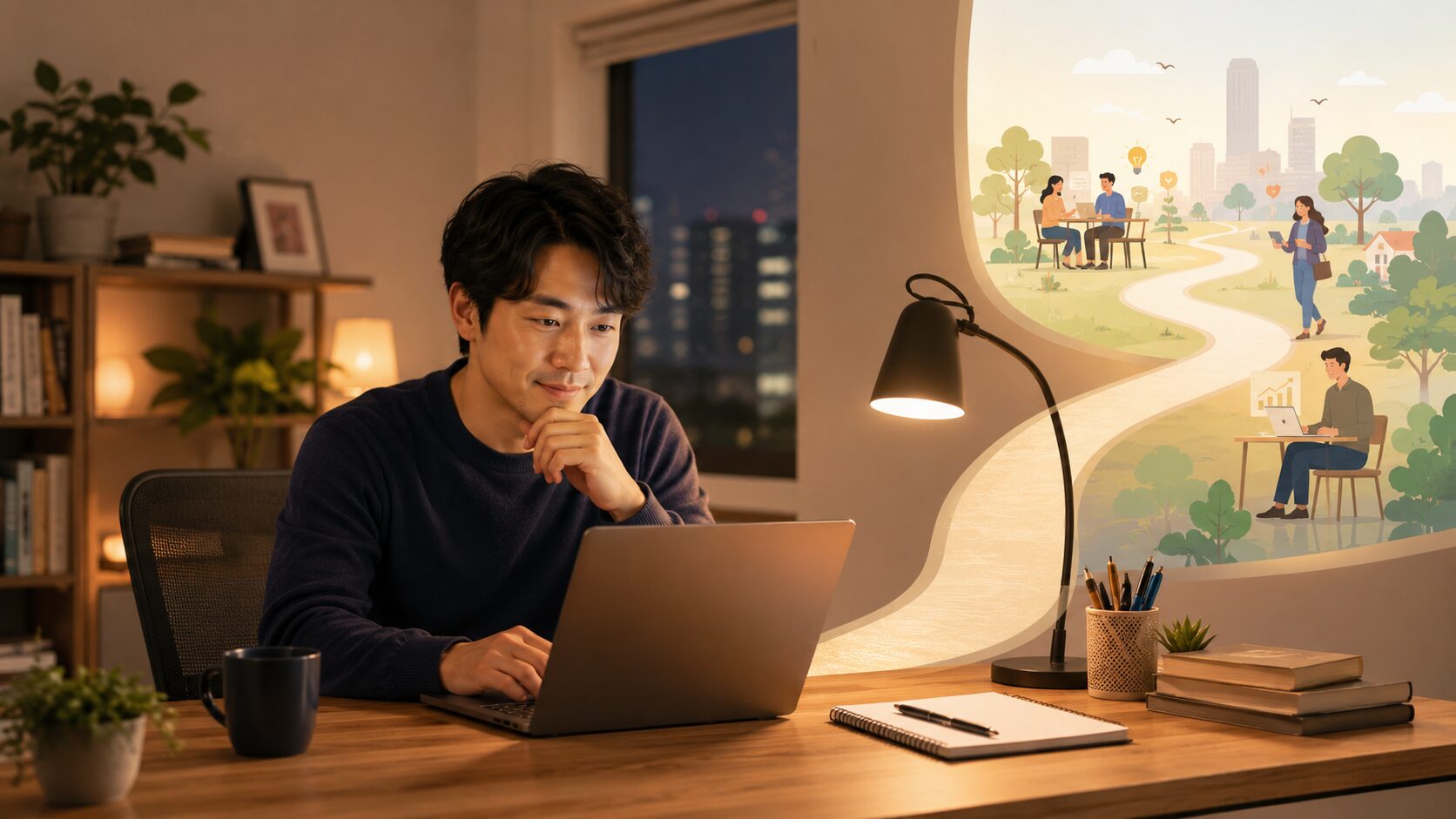 副業とは会社の外に自分の価値が届く場所を作り、人生の選択肢を広げることを表したイラスト