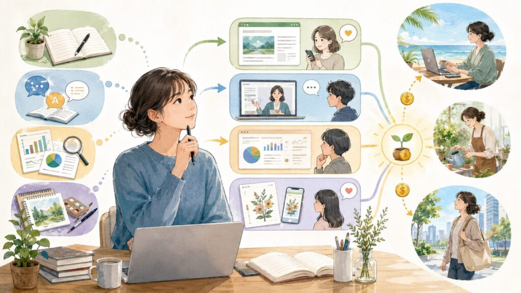 文章、英語、分析、創作などの趣味や得意なことを誰かに届く価値へ変えて副業にする様子を表したイラスト