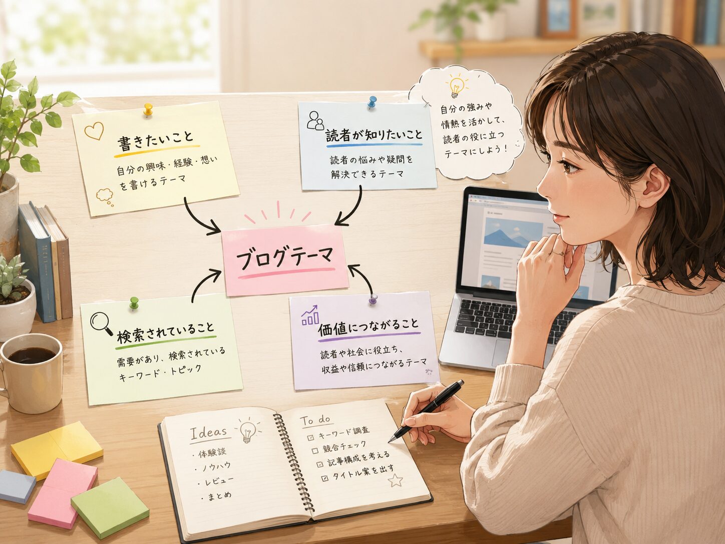 ブログテーマを考えるために、書きたいこと、読者が知りたいこと、検索されていること、価値につながることを整理している様子を表したイラスト