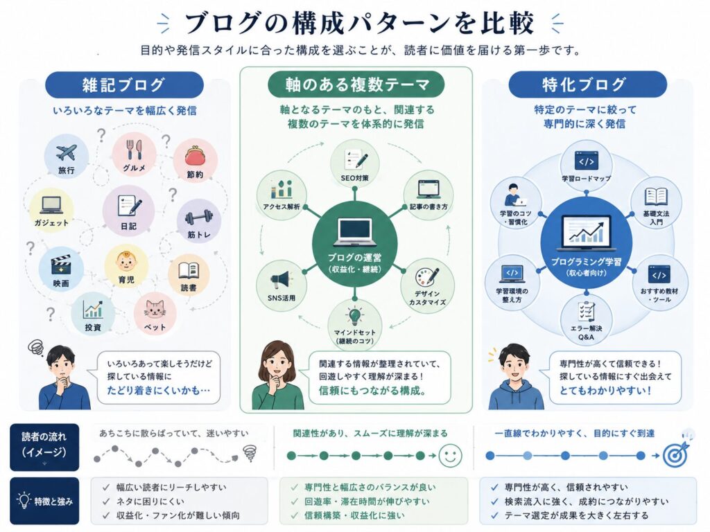 雑記ブログ、軸のある複数テーマ型ブログ、特化ブログの違いを比較した図解