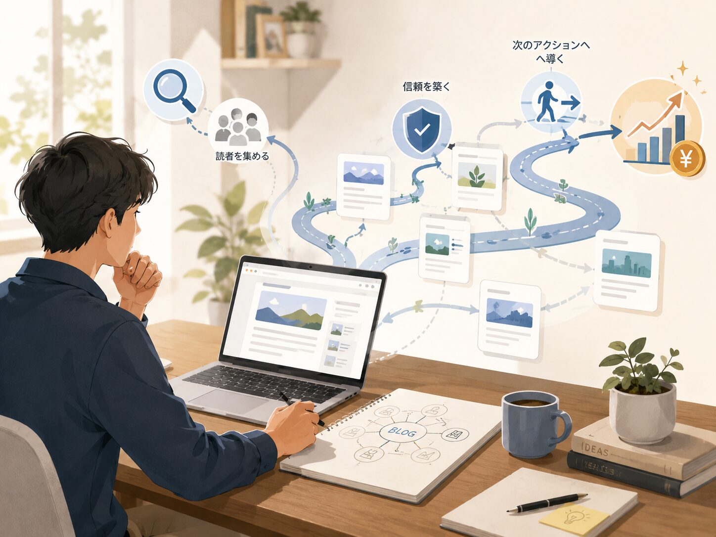 ブログ記事には読者を集める記事、信頼を築く記事、次の行動へ導く記事などの役割があることを表したイラスト