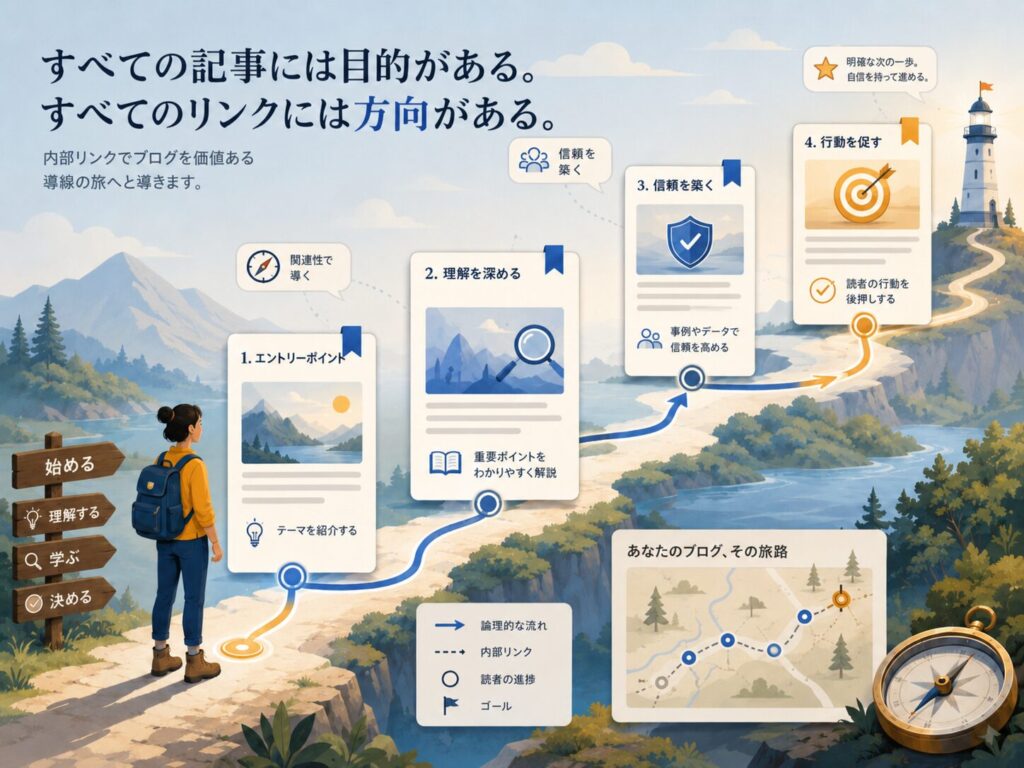 集客記事、収益記事、信頼記事がつながり、ブログ全体の導線を作る仕組みを表した図解
