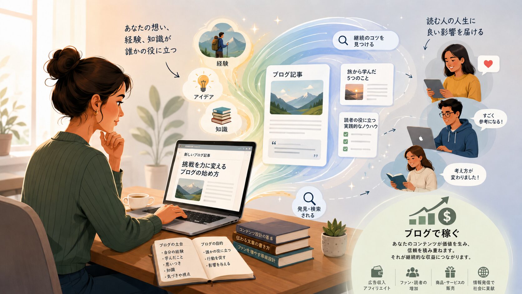 ブログで稼ぐとは自分の考えや経験を記事にして読者に届く価値へ変えることを表したイラスト