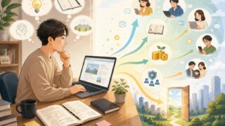 ブログ副業によって自分の考えや経験が読者、学び、収益、信頼、新しい機会へ広がっていく様子を表したイラスト