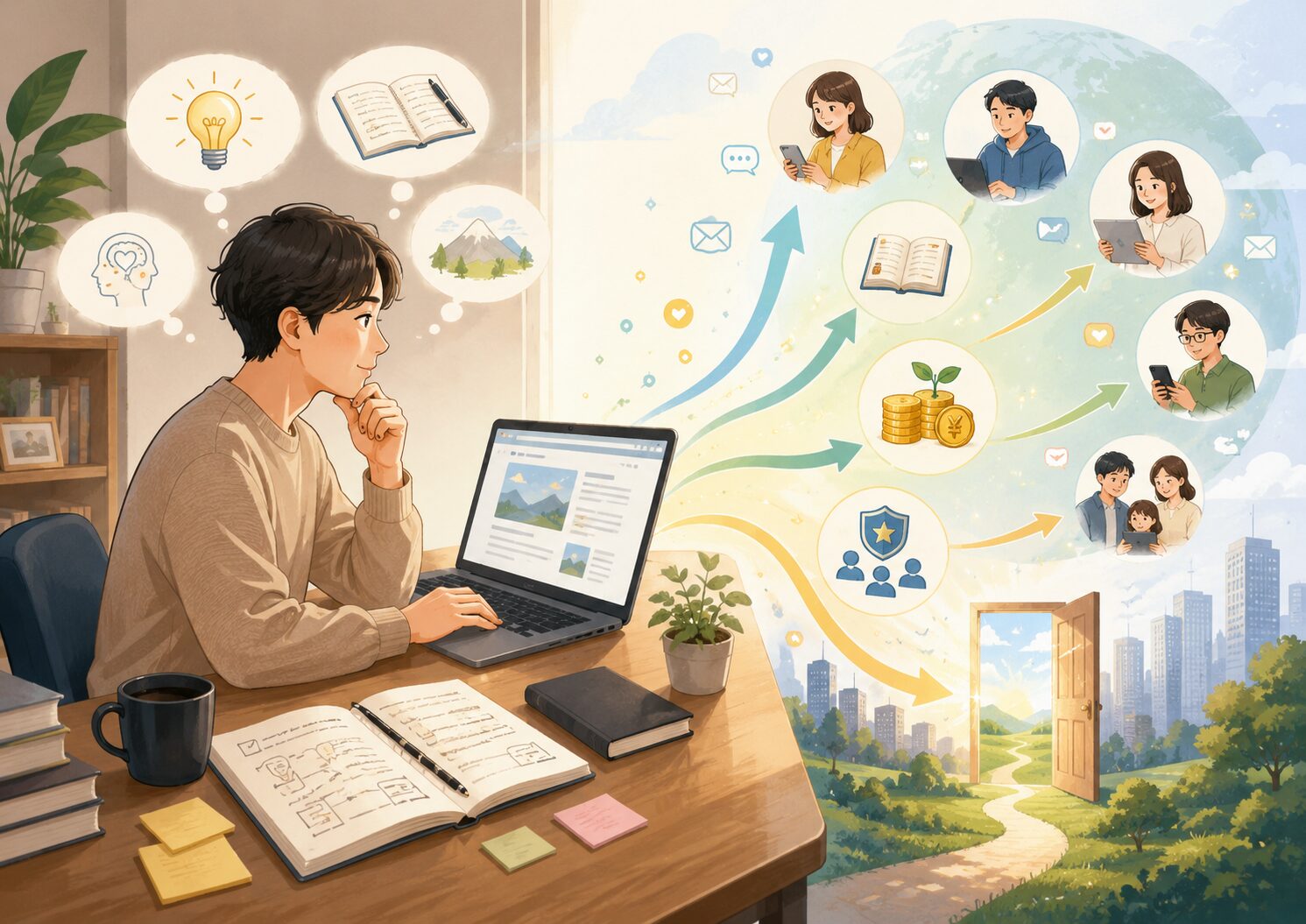 ブログ副業によって自分の考えや経験が読者、学び、収益、信頼、新しい機会へ広がっていく様子を表したイラスト