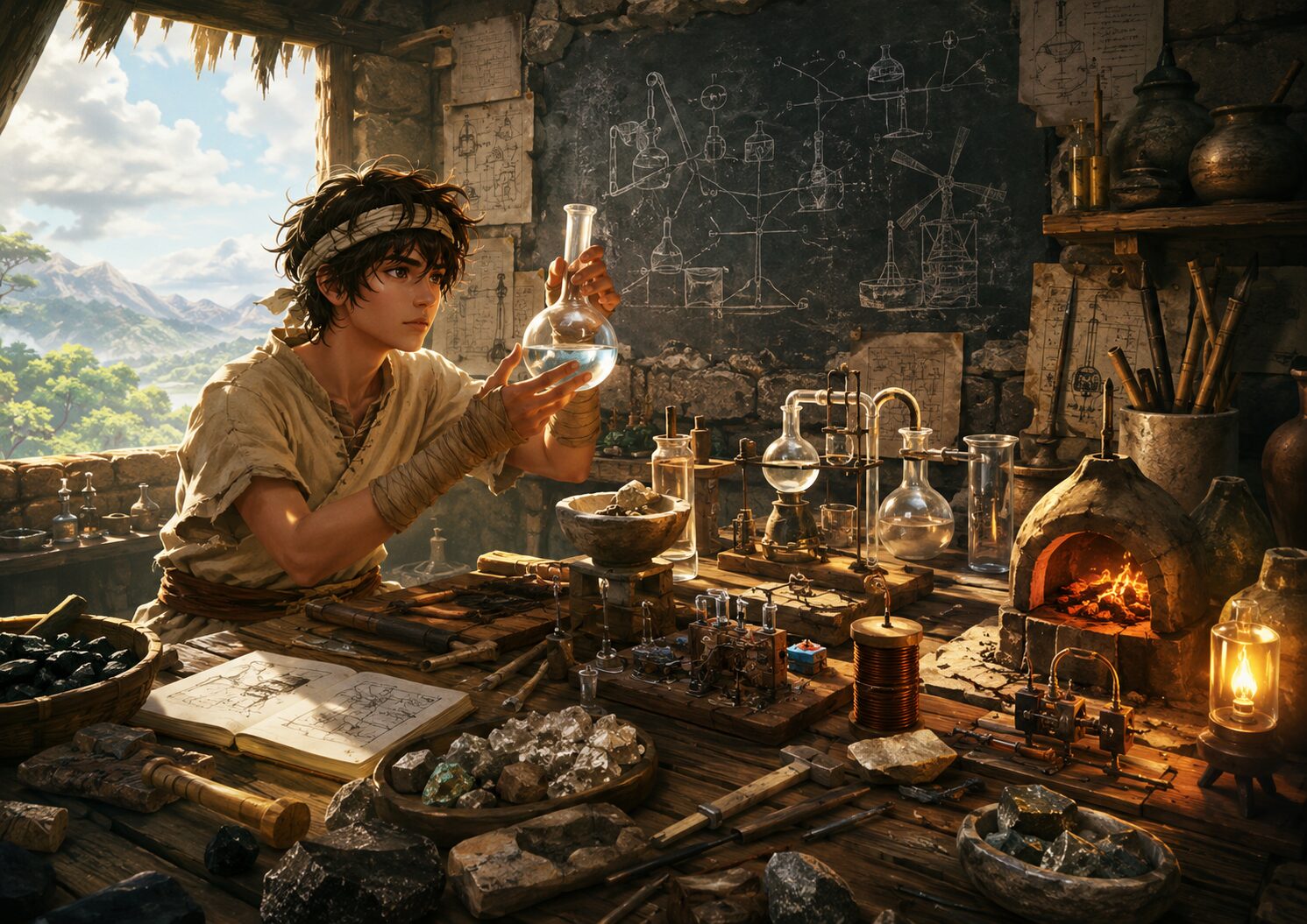 原始的な工房で実験器具や鉱石に囲まれながら科学の実験をする人物